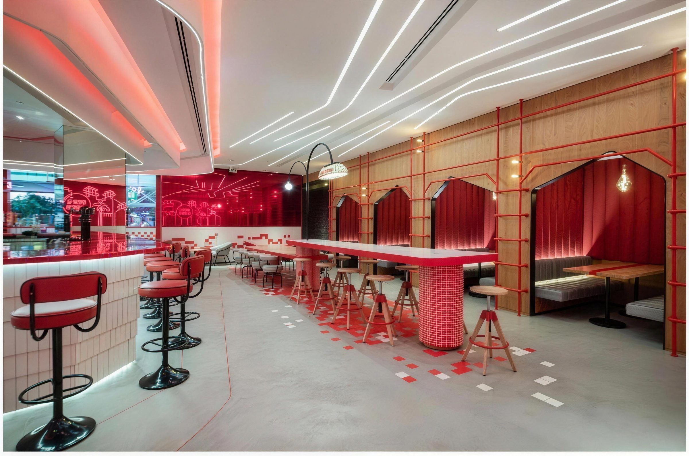 Five Guys dining area with red resin counters