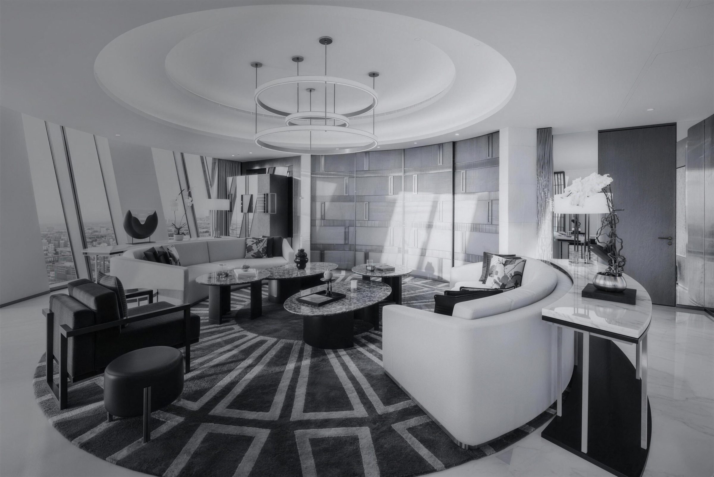 Residential interior with a curved resin feature wall and patterned floor by MOOG